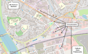 Die Karte zeigt den Standort der alten Konsumbäckerei, alle Einkaufsmärkte entlang der B101 und Fabrikstraße und das Gelände des ehemaligen Platten werkes