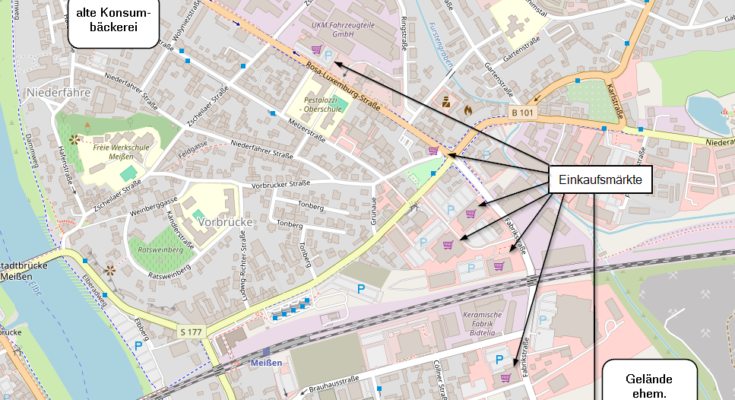 Die Karte zeigt den Standort der alten Konsumbäckerei, alle Einkaufsmärkte entlang der B101 und Fabrikstraße und das Gelände des ehemaligen Platten werkes